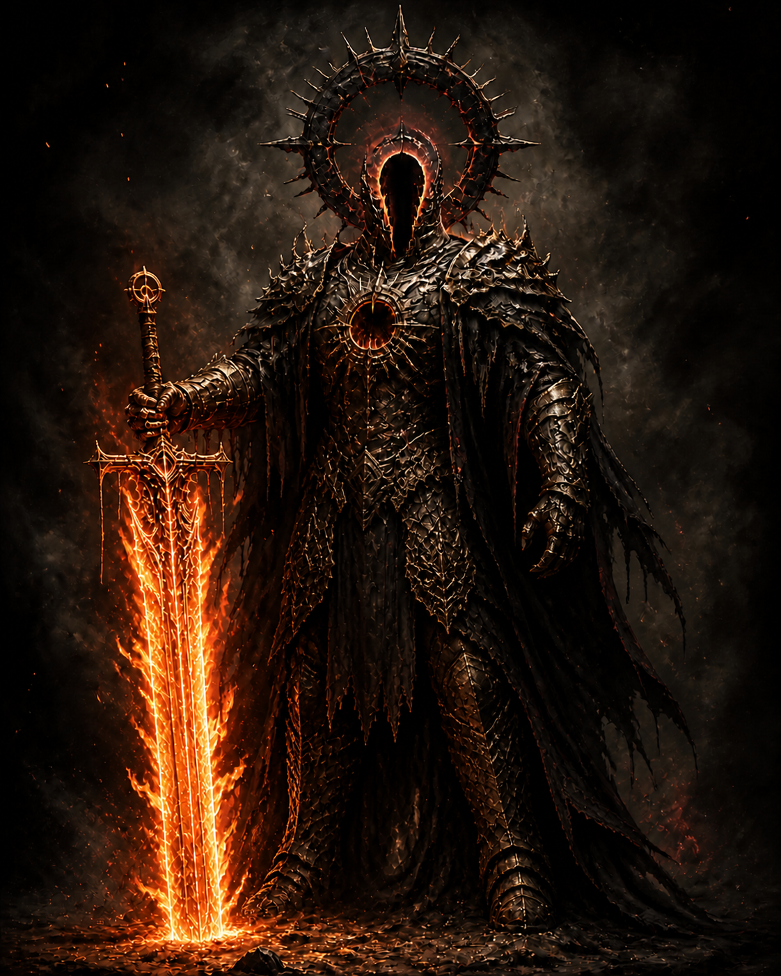 The GodStarved, a black-armored figure carrying a burning sword